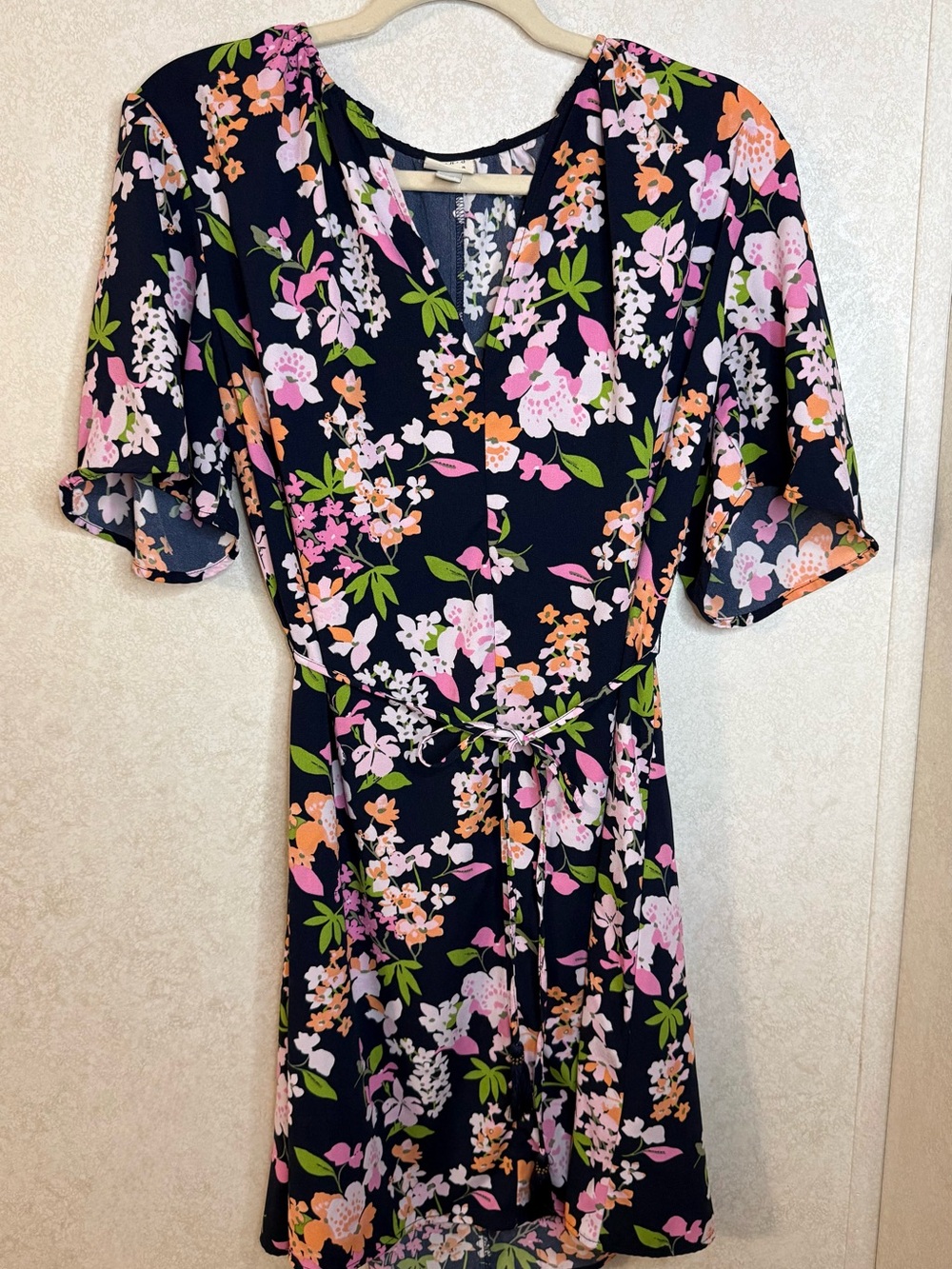 a new day Navy Floral V-Neck Tie-Waist Dress - Pink & Orange Flowers